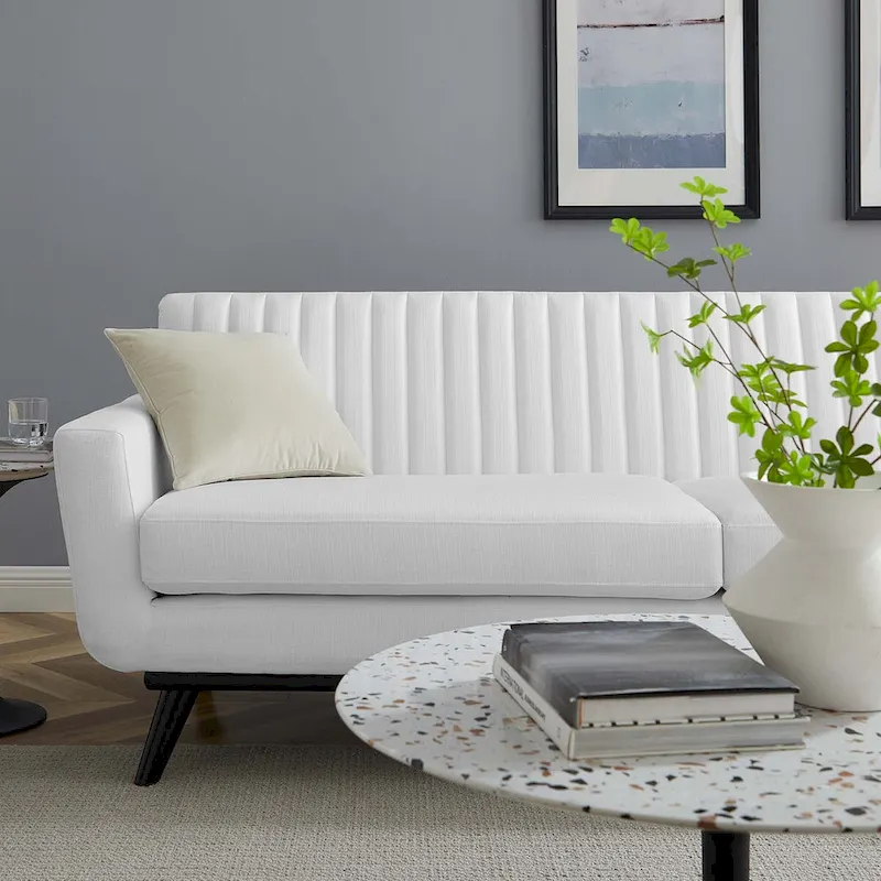 Polyester Channel-Tufted Sofa with Rubberwood Legs – White