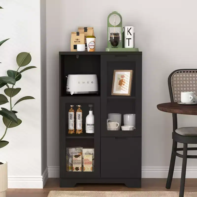 2-Door Painted Storage Cabinet with Glass Doors and Drawer, Open Storage Space