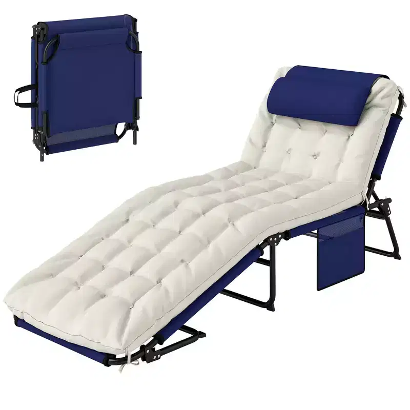 Folding Chaise Lounge Pool Chair with 4-level Reclining Back, Cushion, Side Pocket, Headrest