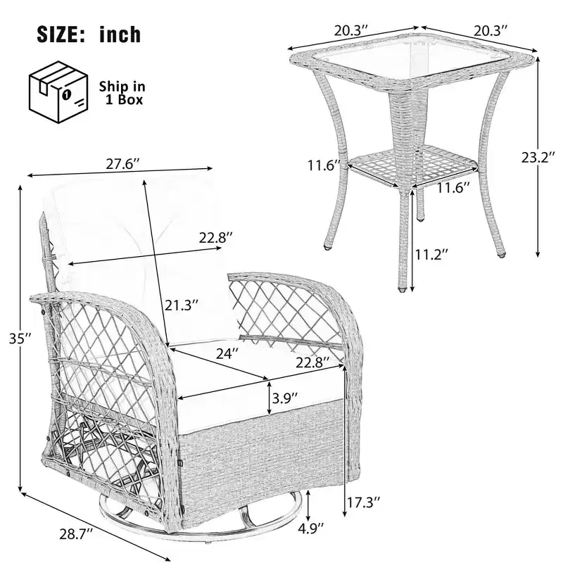 A three-piece outdoor table and chair set, featuring two-seater rattan seating, a rocking chair, and a square table. Suitable Brown