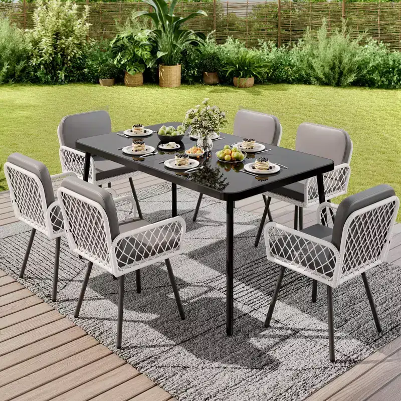7-Piece Outdoor Dining Set with Gray Cushions, Tempered Glass Top Table & All-Weather PE Wicker Chairs for Patio, Garden, Poolside