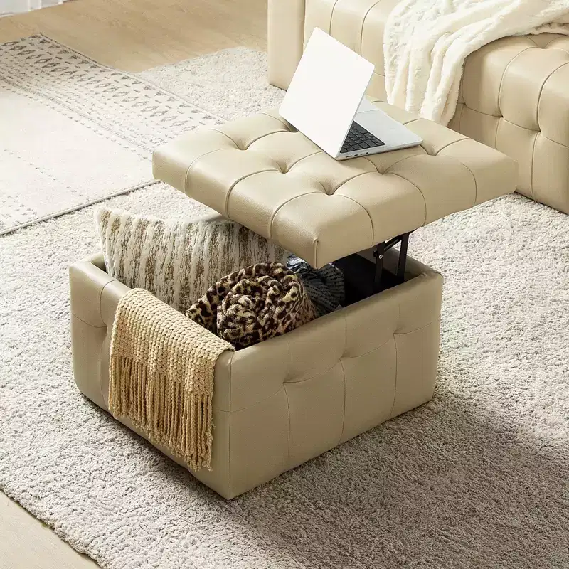 24-Inch Genuine Leather Tufted Square Ottoman with Storage