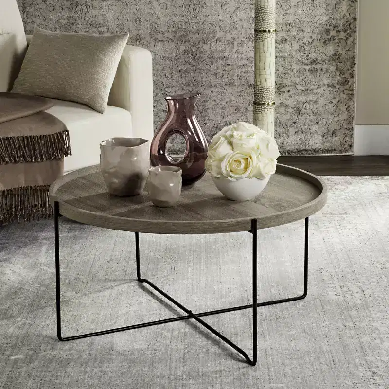 Round Accent Table - Beige Top, Black Iron Legs, Industrial Style