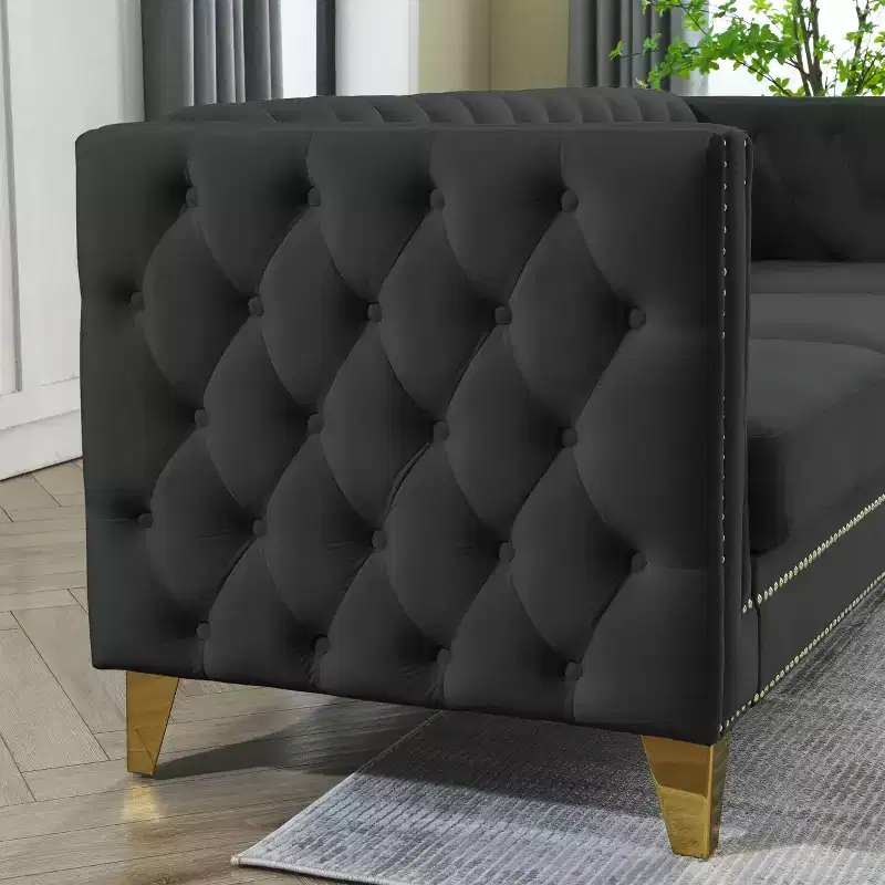 Button-Tufted Velvet 2-Seater Sofa with Square Arms & Metal Legs, Nailhead Trim