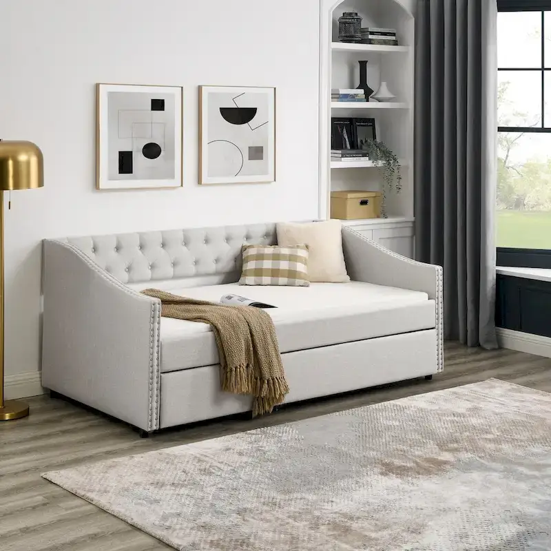 Upholstered Daybed Frame with Trundle & Tufted Backrest
