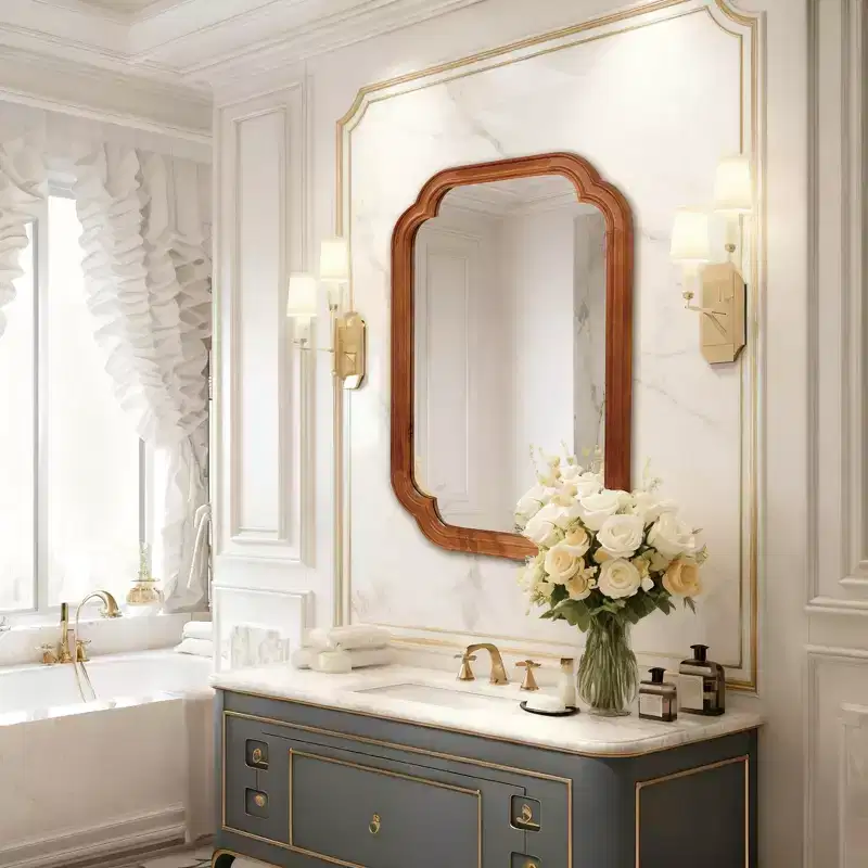 Yellowish Brown Color 20 x 30 Solid Wood Frame Rounded Corner Decorative Mirror, For Bedroom, Bathroom, Living Room, Entryway