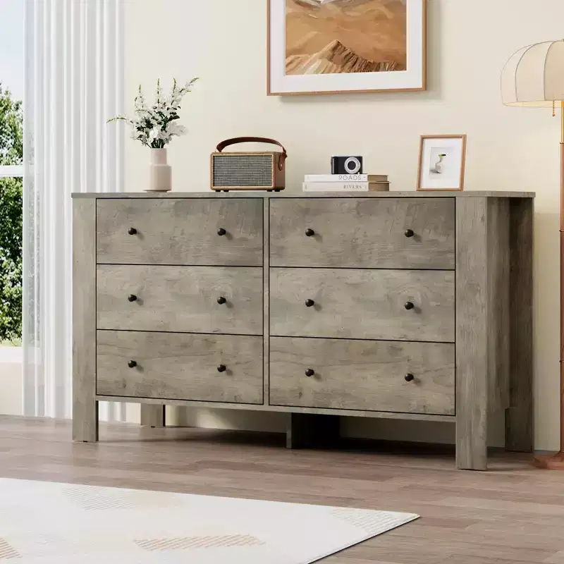 Modern 6-Drawer Wide Dresser | Wooden Storage Organizer Chest for Bedroom, Entryway, Hallway & Home Office | Multi-Functional Furniture