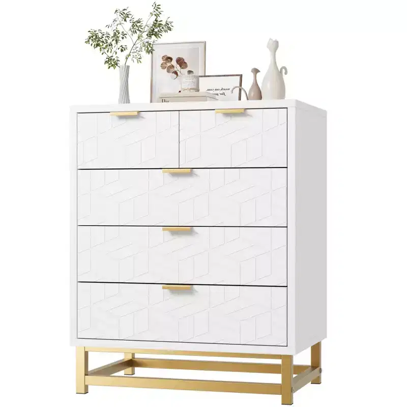White 5 Drawer Dresser with Wide Storage, Modern Chest Organizer with Metal Legs, Chest of Drawers