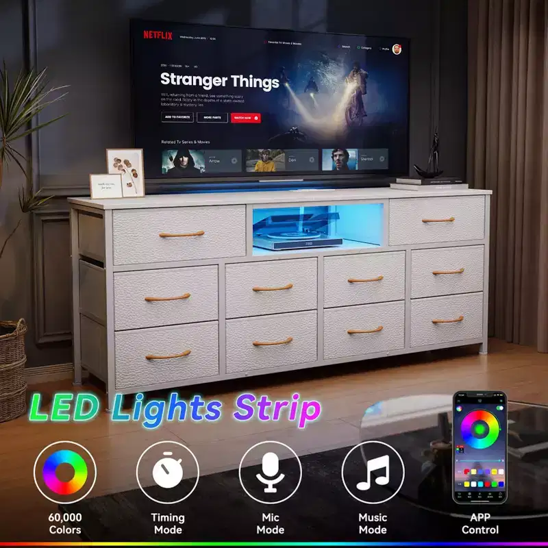 55 Inch Wide White TV Stand Dresser 10 Drawers with Power Outlets LED Lights Media Console for 65 Inch TV Bedroom Storage Chest Entertainment Center