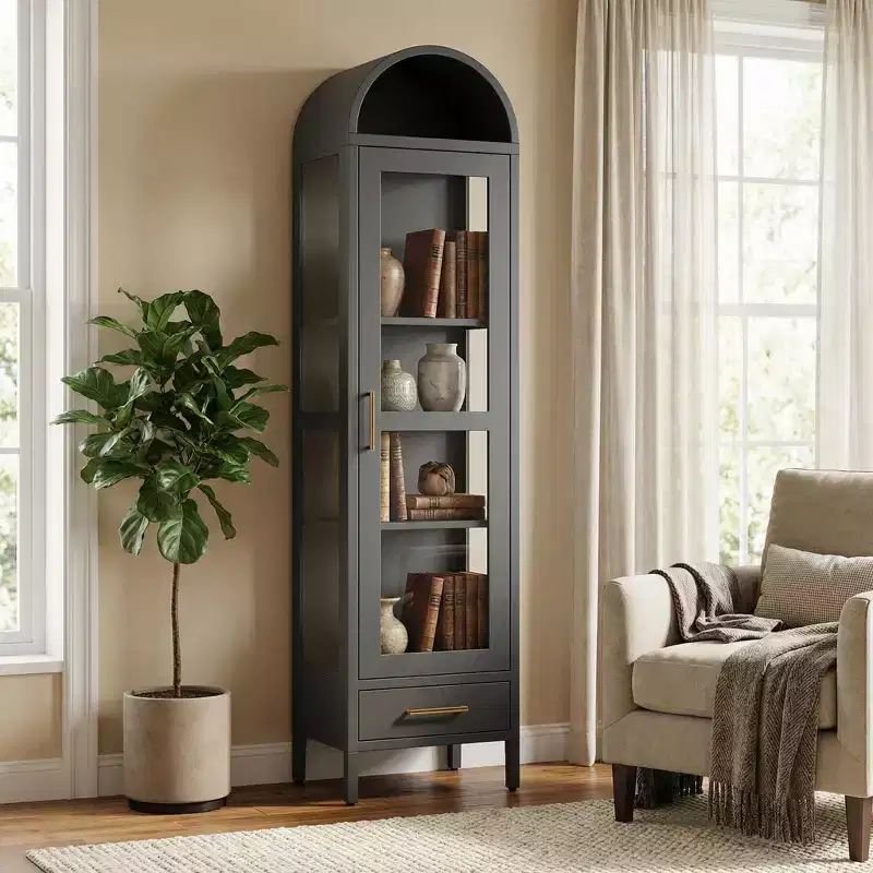 Black Arched Metal Cabinet, Glass Door & Drawer, 1-Person