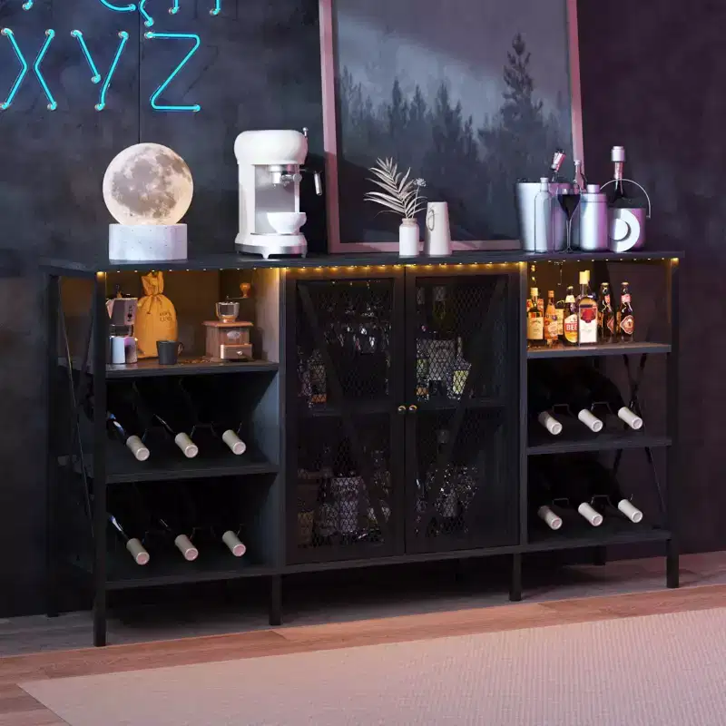 Farmhouse Wine Bar Cabinet, Industrial Coffee Bar Sideboard with Wine Rack and Glass Holder
