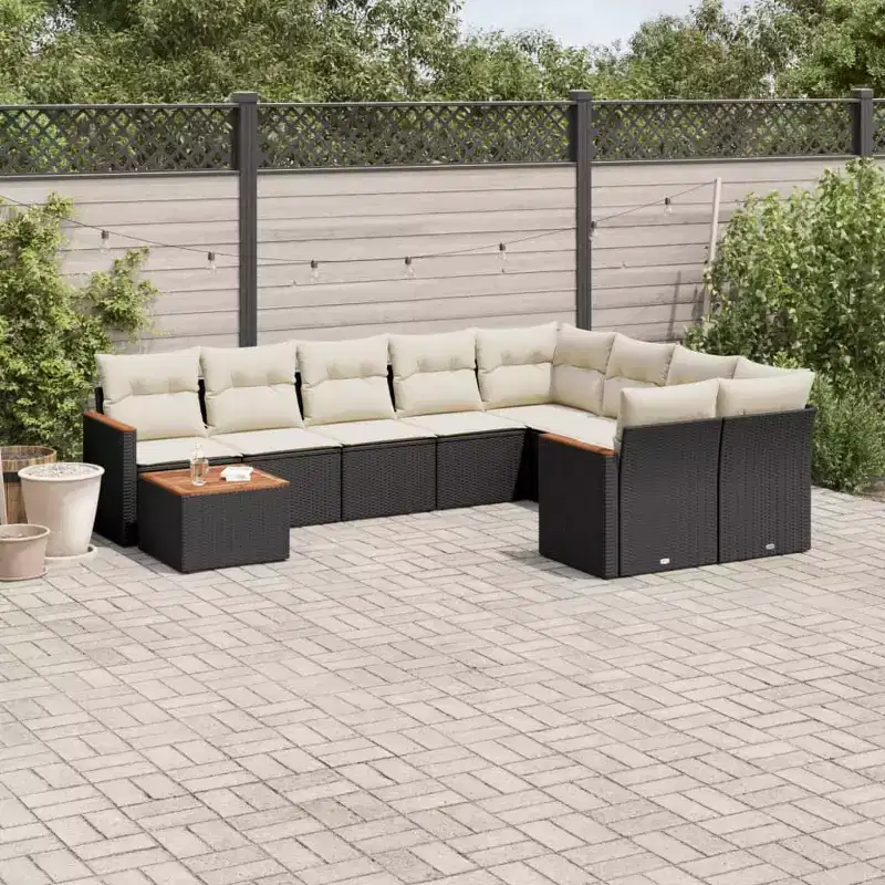 vidaXL 10 Piece Patio Sofa Set with Cushions Black Poly Rattan - Black and Cream