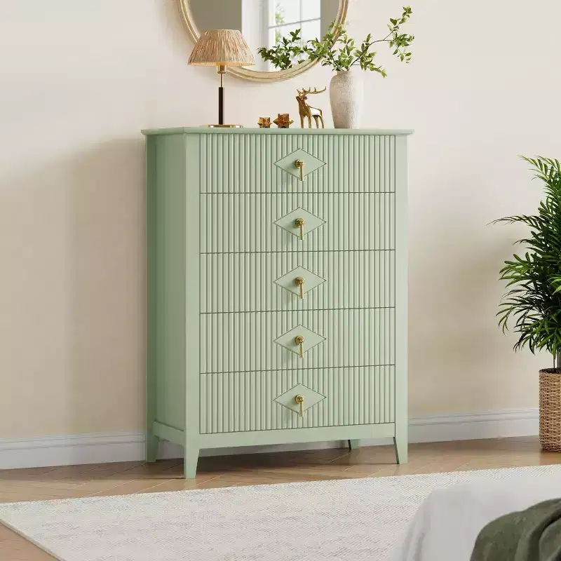 Fluted White Dresser for Bedroom, 43 Tall Storage Dresser Tower with 5 Drawers, Modern Chest of Drawers, Storage Organizer Unit for Closet, Entryway