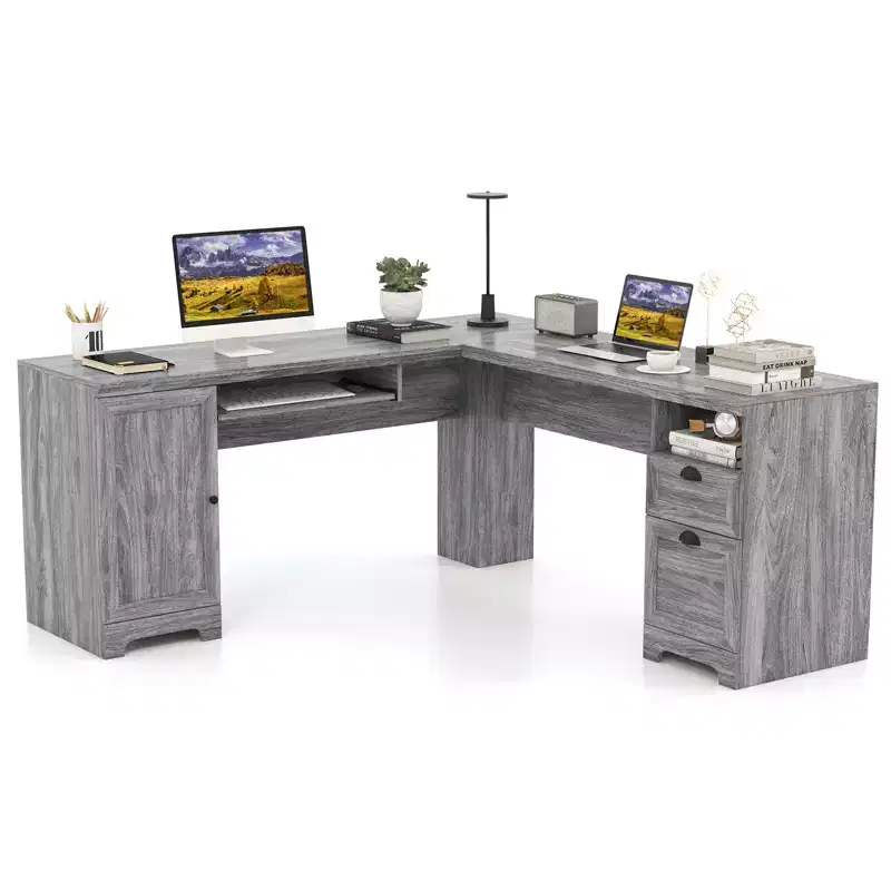 Costway L-Shaped Corner Computer Desk Writing Table Study Workstation w/ Drawers Storage