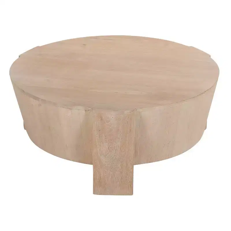 Royal Hampton 35 Inch Round Drum Coffee Table with 3-Leg Base, Sandblasted Mango Wood