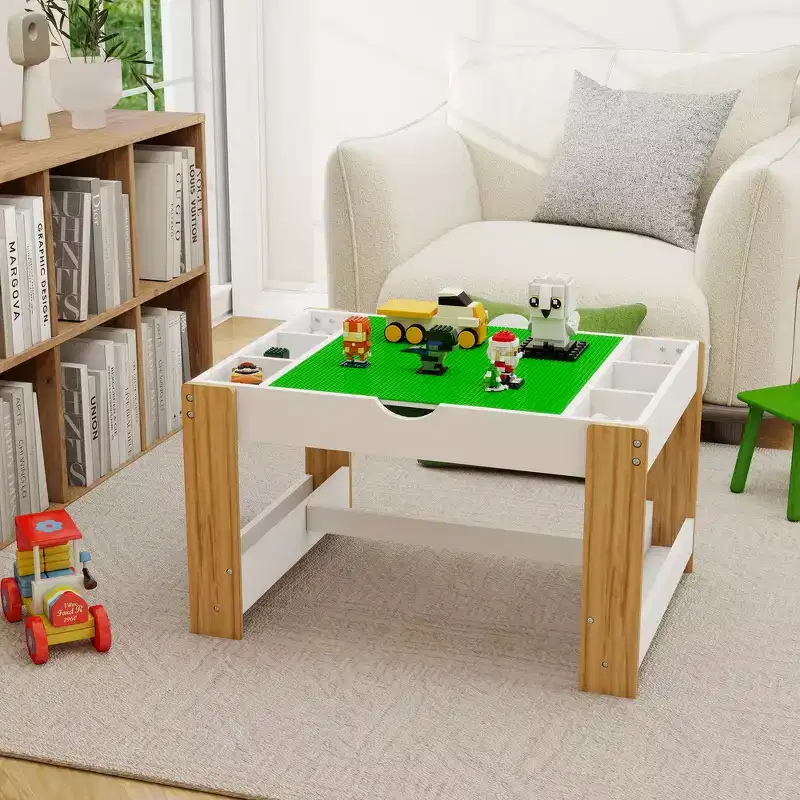 Whisen Kids 2 in 1 Play Table with 7 Storage Compartments, Compatible with LEGO Building Block - White & Green