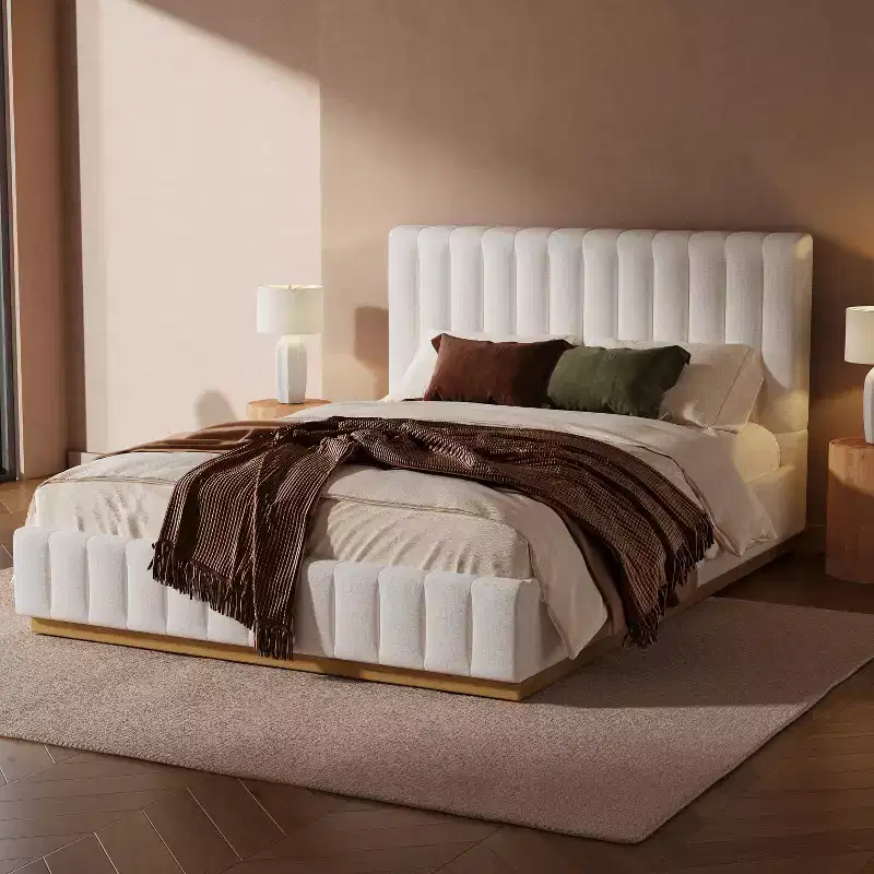 Modern Linen Upholstered Platform Bed Frame with Vertically Stitched Thick Headboard
