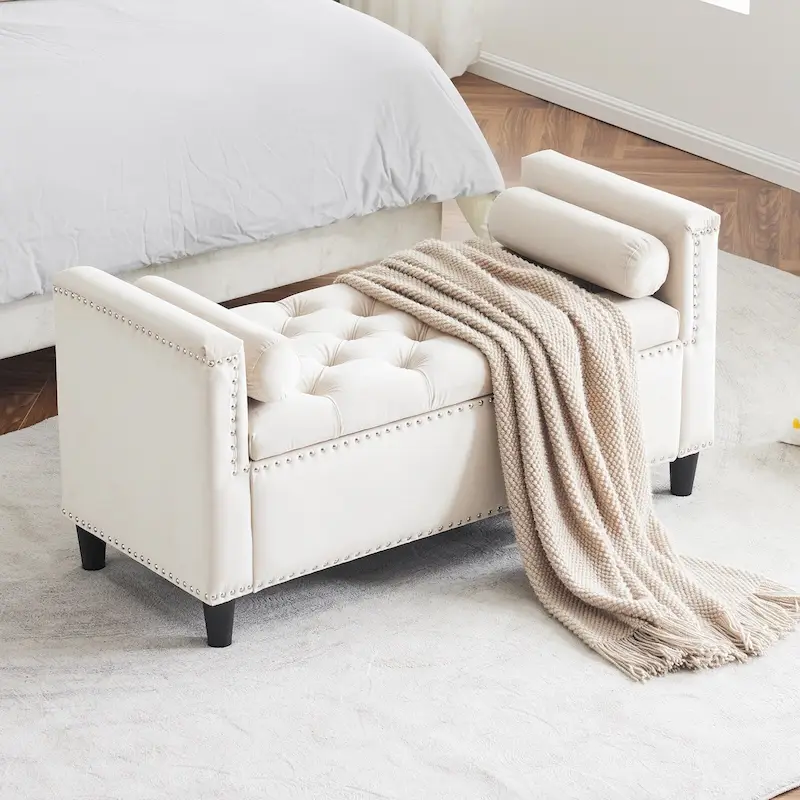 Queen Velvet Tufted Button Upholstered Storage Bench with Armrests and Nailhead Trim