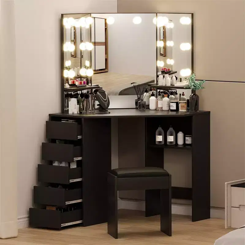 Corner Makeup Vanity Desk with LED Mirror, 5 Drawers & Charging Station