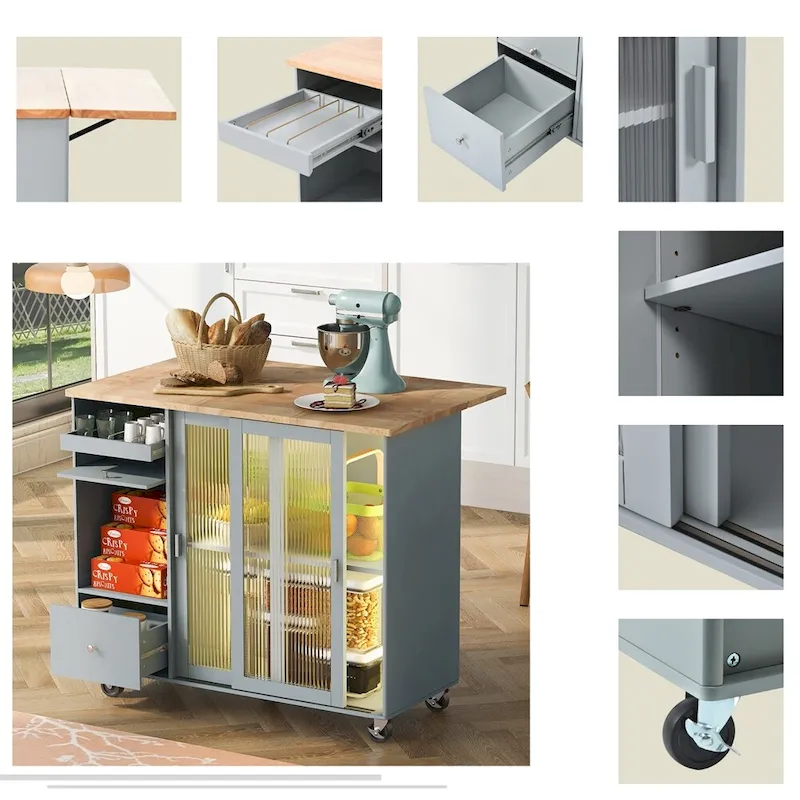 Kitchen Island with Drop Leaf,LED Light Kitchen Cart on Wheels