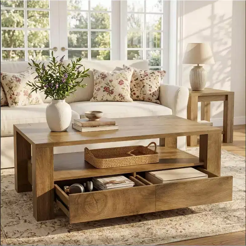 Lantine Farmhouse Coffee Table with Storage, 47 Large Rectangle Coffee Table with 2 Drawers, Wood Living Room Center Tea Table