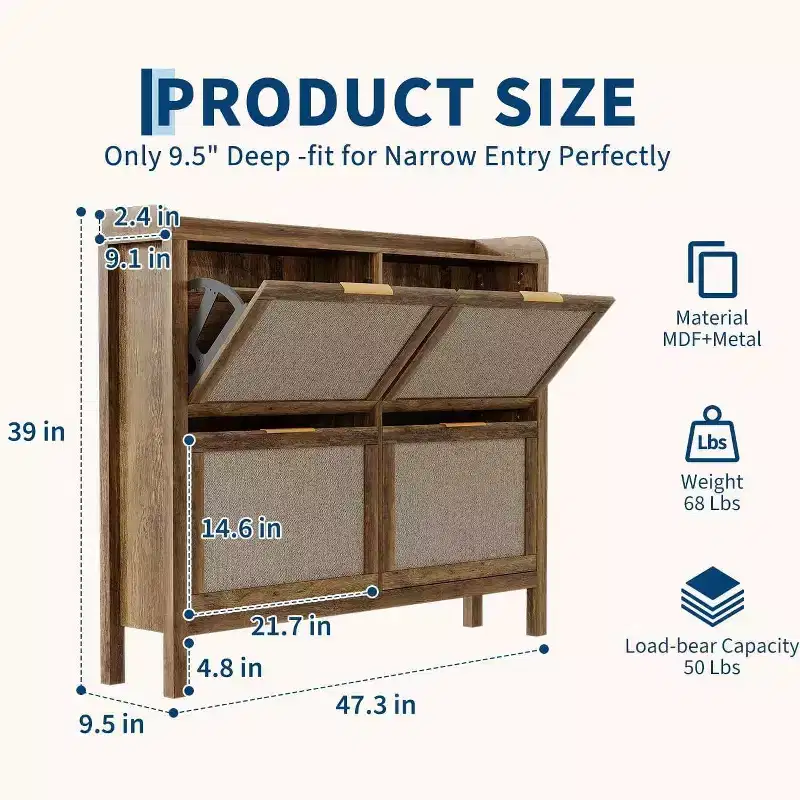 GustoWave Narrow Rattan Shoe Storage Cabinet with 4 Flip-Down Drawers, Brown