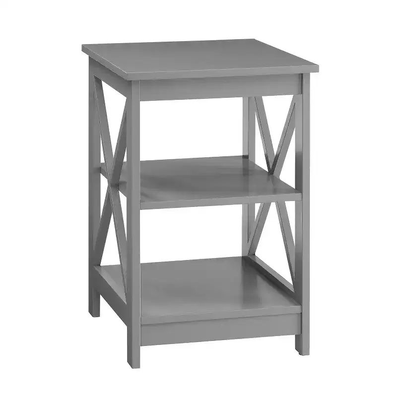 HomeStock Belmont End Table with Three Shelves and X Frame Sides, Contemporary Accent Side Table with Spacious Open Storage for Home Organization