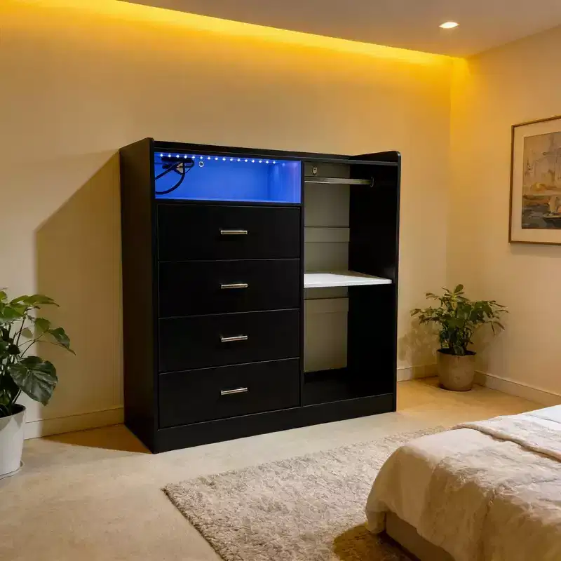 Modern LED Dresser With Open Wardrobe, 4 Drawers, And Space-Saving Design