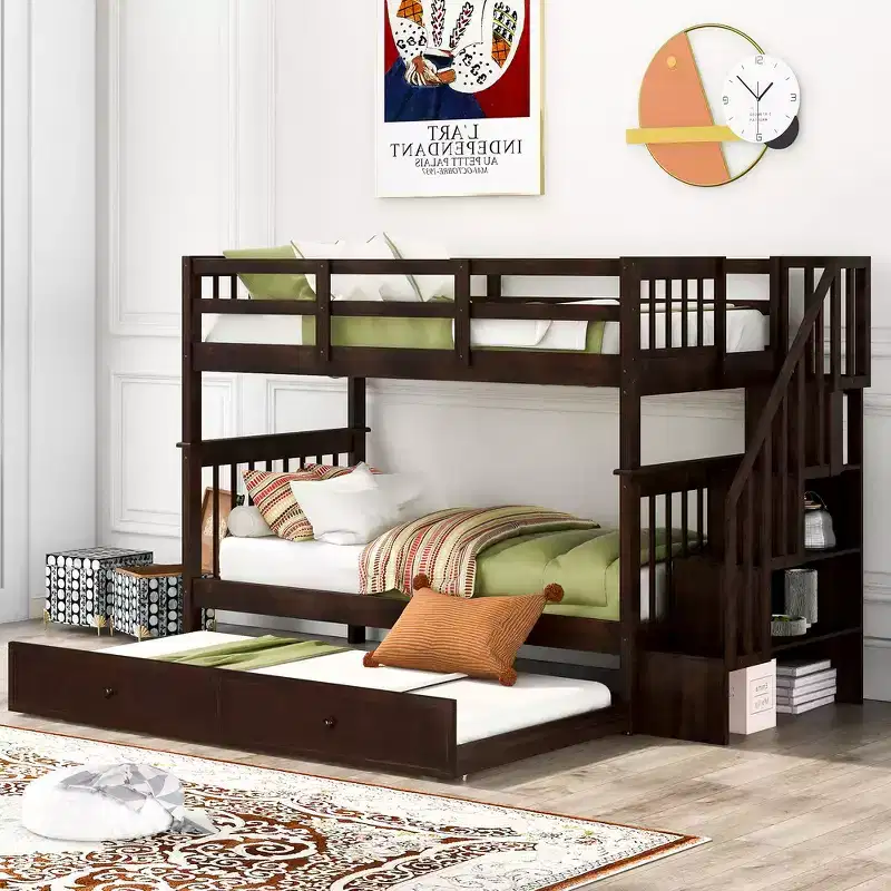 Twin-Over-Twin Bunk Bed with Trundle and Stairway, Maximized Storage Space