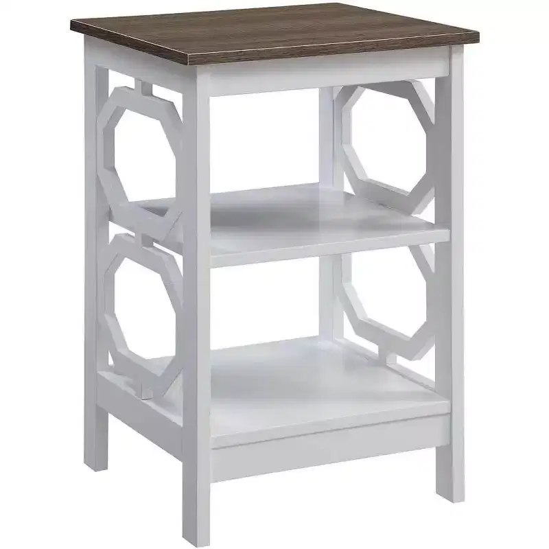 End Table with Octagon Cut Out Panels and Three Tier Shelves, Sleek Geometric Design Accent Table for Living Room Storage Dcor