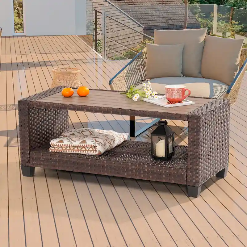 BONOSUKI Patio 7Pcs Furniture Conversation Brown Rattan 2 Side Tables