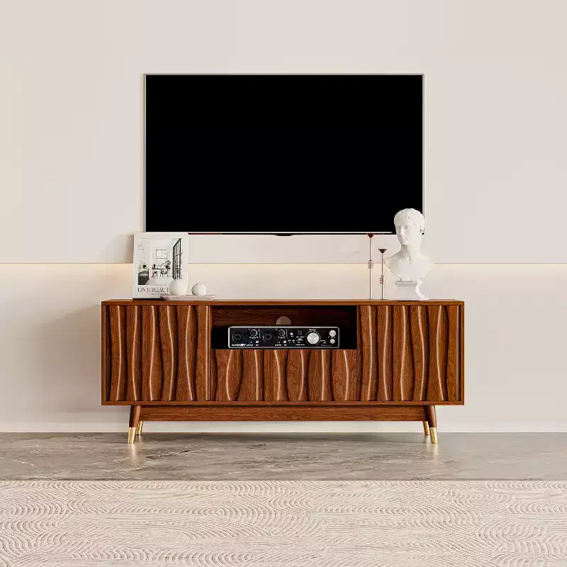 Wood TV Stand with Drawer and Cabinet, Mid Century Modern Entertainment Center with Solid Wood Feet, Brown Media Console for Living Room