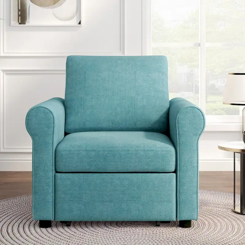 3-in-1 Convertible Sleeper Chair with Adjustable Backrest, Wheels and Pull-Out Bed – Teal / Dark Blue / Beige, 1-Person Use