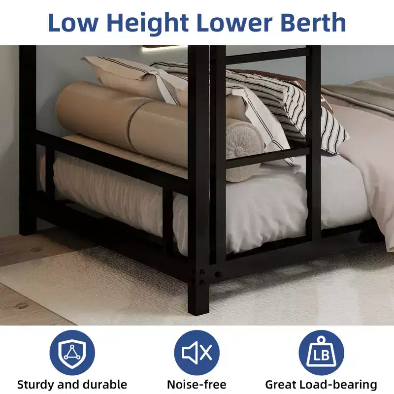 Modern Metal Bunk Bed with Safety Guardrail and Ladder Design