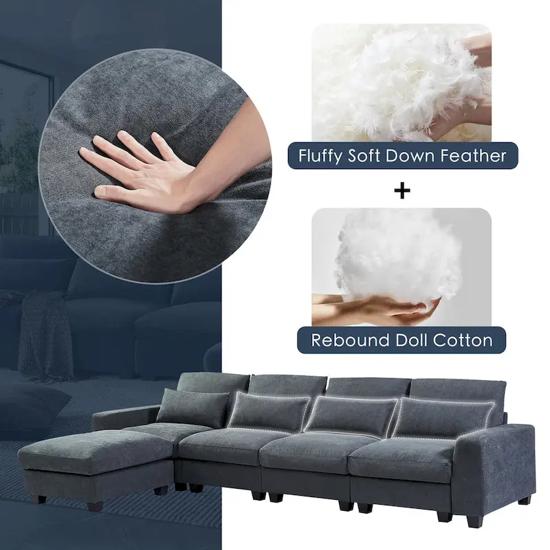 Modern Convertible Large L-shaped Feather Filled Sectional Sofa with Reversible Chaise - 129.9W x 72D x 31.5H