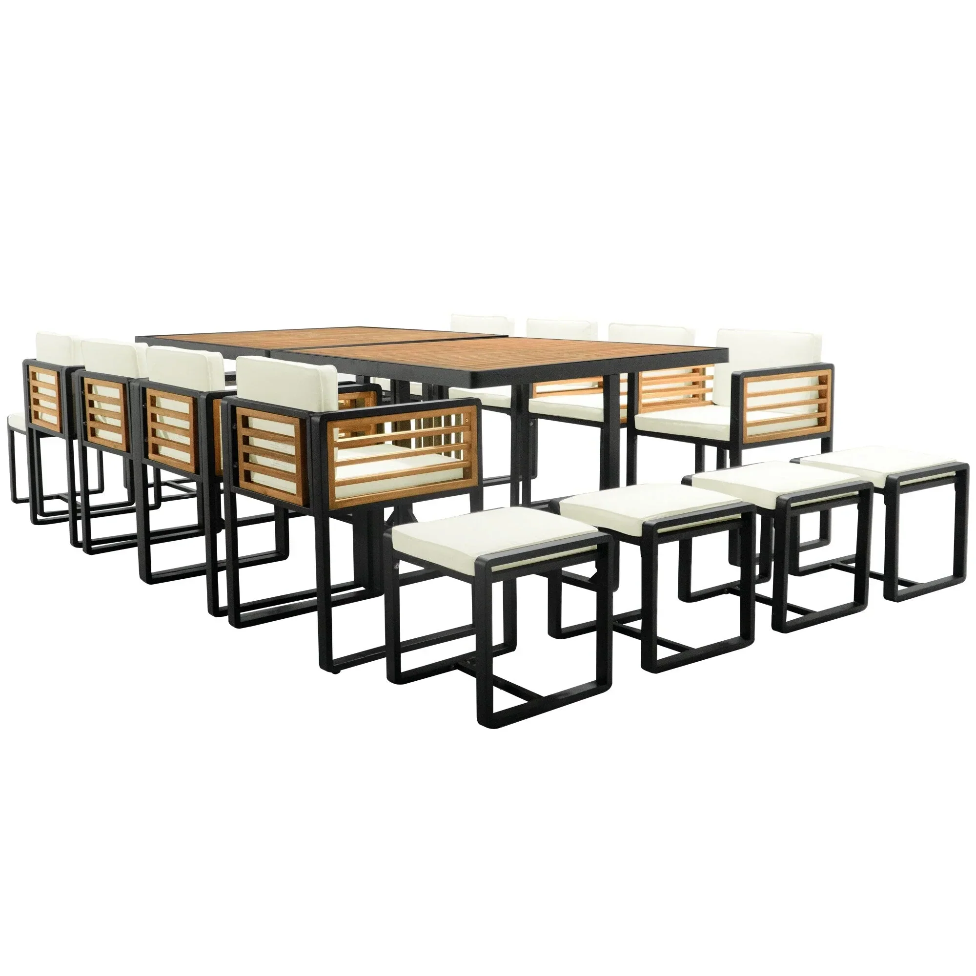 18-Pieces Acacia Wood Patio Dining Set, 8 Cushioned Chairs & 8 Ottomans & 2 Square Table