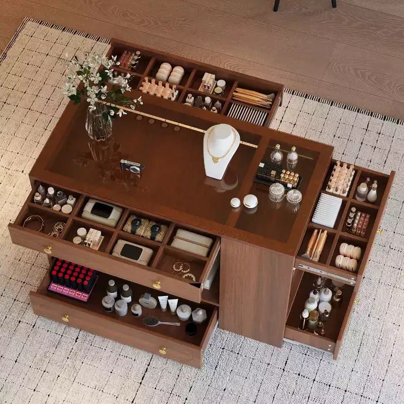 Closet Island with 6 Drawers, Dresser with Glass Display Top & Open Shelves, Jewelry Storage Vanity Island Display Cabinet - ModernLuxe