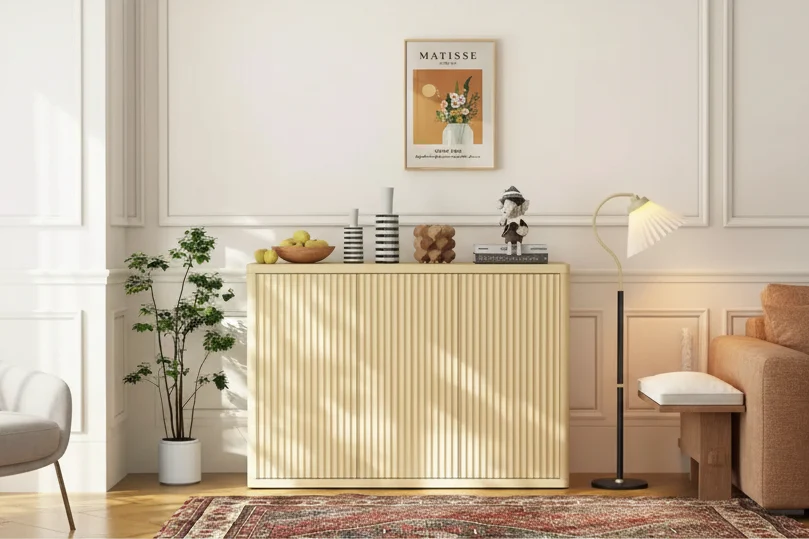 3 Doors Fluted Sideboard Buffet Cabinet,Wide Cupboard Coffee Bar Console Table Credenza