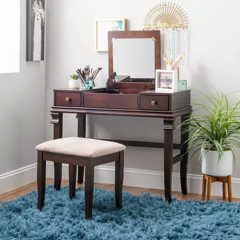 Angela Traditional Wood Flip-up Mirror 2 Drawer Vanity and Cream Upholstered Stool Walnut - Linon