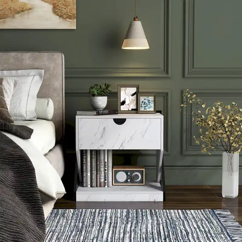 DH BASIC Modern White Faux Marble 1-Drawer Nightstand Side Table by