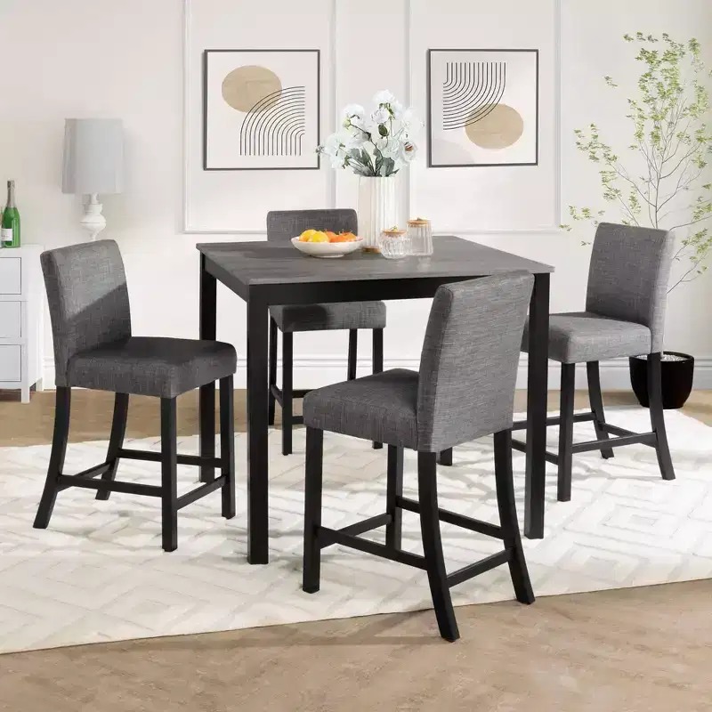 MAYEERTY 6-Piece Wooden Dining Set, 4 Chairs & Bench for 6, Light Grey & Black Two Tone