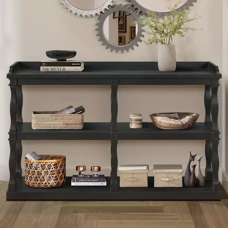 Narrow Console Table with 3-Tier Open Storage & Roman Column Legs – 60