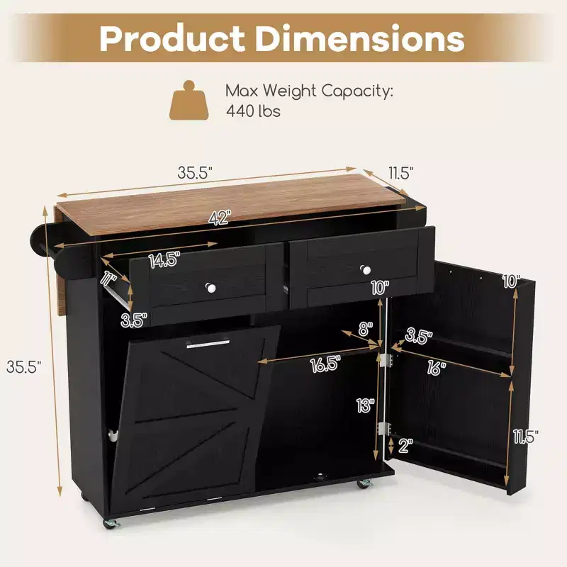 Costway Rolling Kitchen Island Kitchen Island Cart with Drop Leaf Trash Can Cabinet Black/White