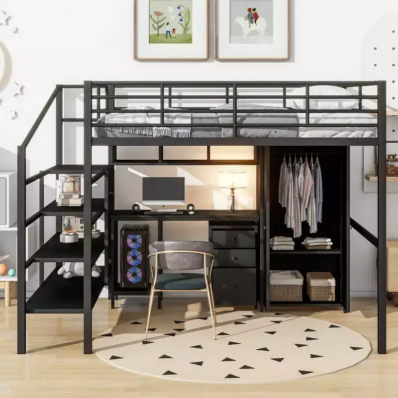 Whisen 56''L x 92.7''W Morden Design Full Size Metal Frame Loft Bed with Desk and Wardrobe