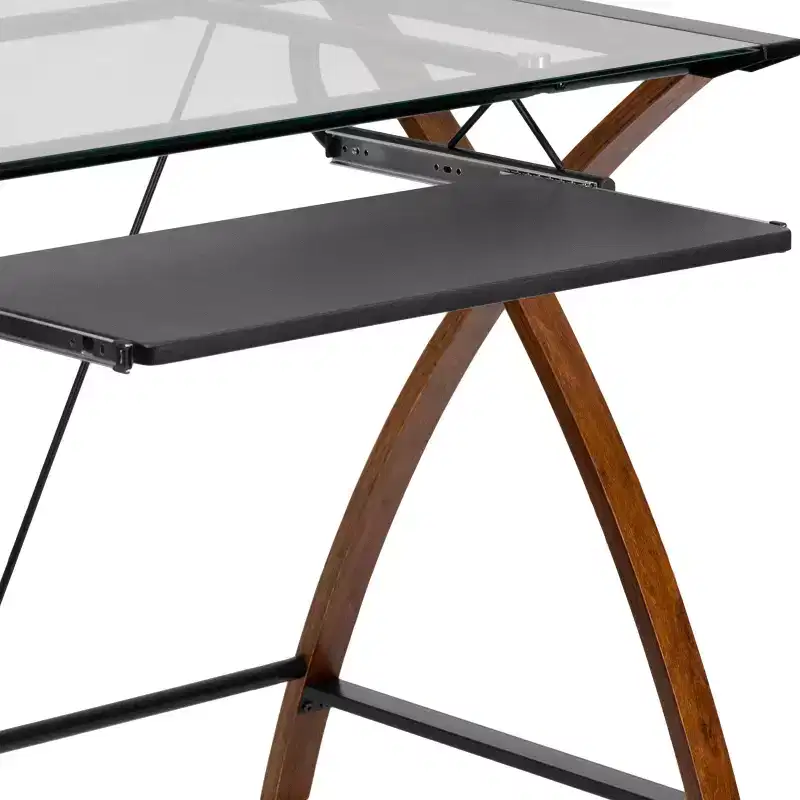 Emma and Oliver Glass Computer Desk-Pull-Out Keyboard Tray & Crisscross Frame