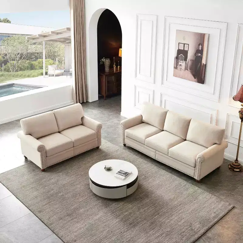 MAYEERTY Faux Leather Upholstery with Storage Sofa, Solid Wood & Metal Frame, Silver Nails Decor for Living Room Beige