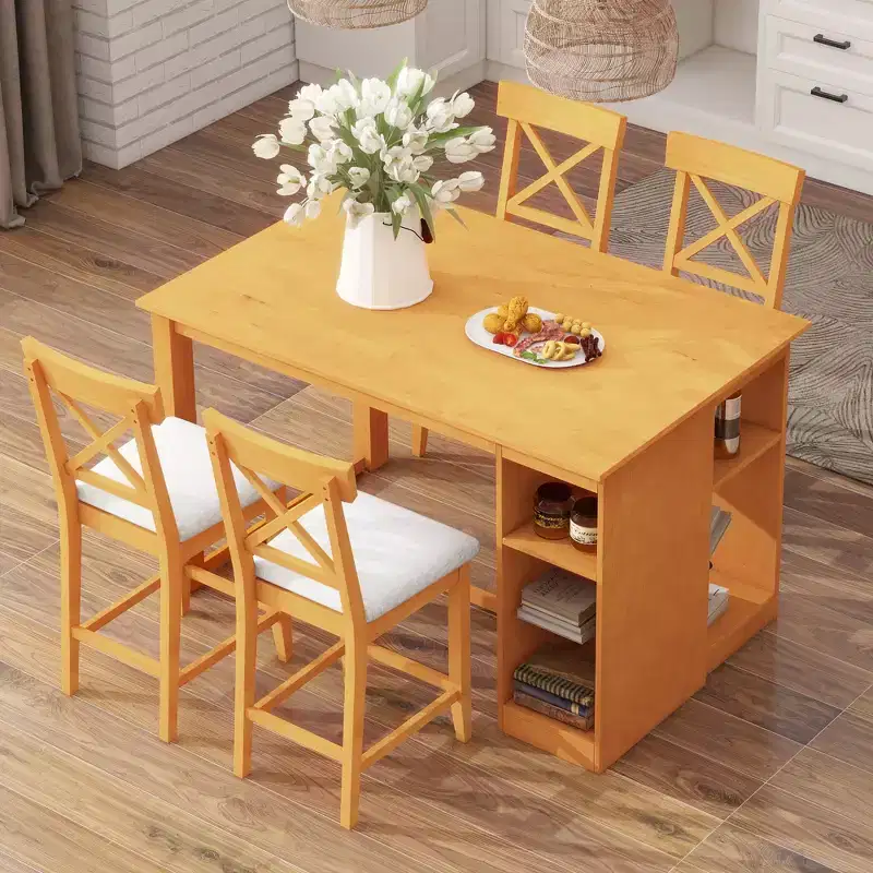 Farmhouse 5 Pieces Counter Height Dining Set for 4, Wooden Bar Table Set with Storage Shelves and 4 Upholstered Chairs
