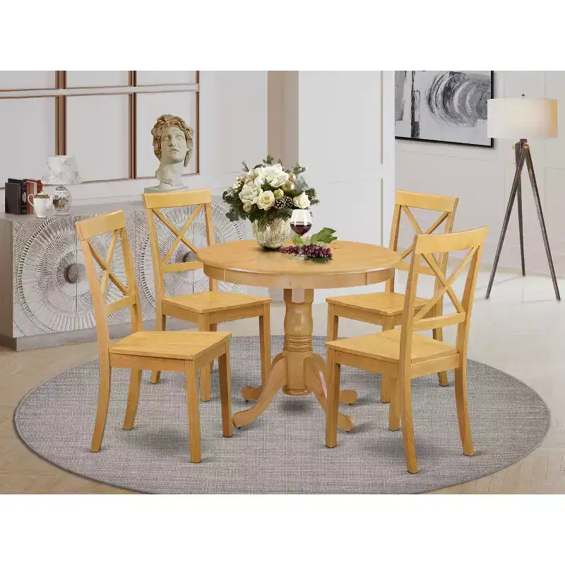 HomeStock Modern 5 Piece Round Dining Table Set Oak Finish
