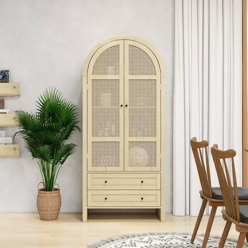 Okak Arched Kitchen Pantry Cabinet, Tall Cabinet with 2 Drawer & Rattan Door, Versatile Cupboard for Living Room Dining Room, Natural