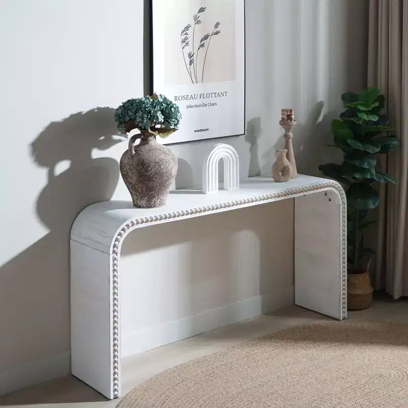 Okak 59IN Waterfall-Style Entryway Table with Wood Beads, Console Table with Minimalism Design, Accent Table for Hallway, Living Room, White